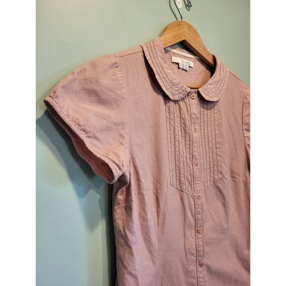 Boden Tan Peter Pan Collar Short Sleeve Cottage Prarie Peasant Button Up Top 6 - Picture 3 of 6